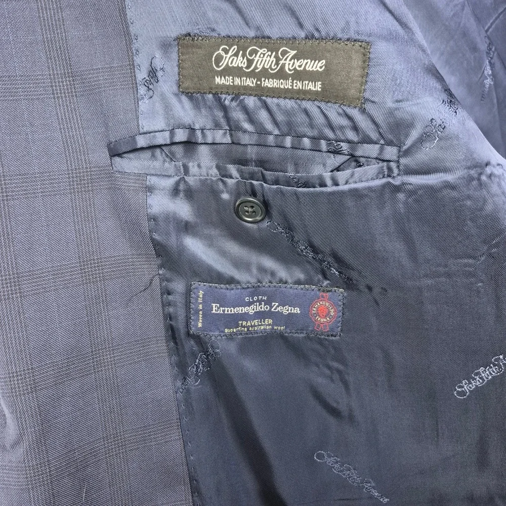 Saks Fifth Avenue Ermenegildo Zegna Suit 46R Navy Plaid Wool 2pc 36x29 Italy